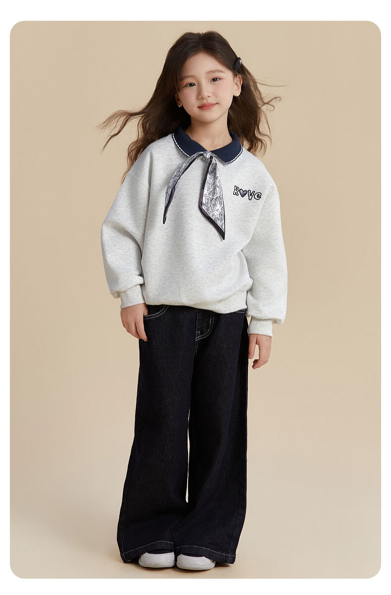 Fulomi Girls' Sweatshirt Spring and Autumn Korean Style Casual Loose Lapel Children's Fashion Clothing Gray 150 5