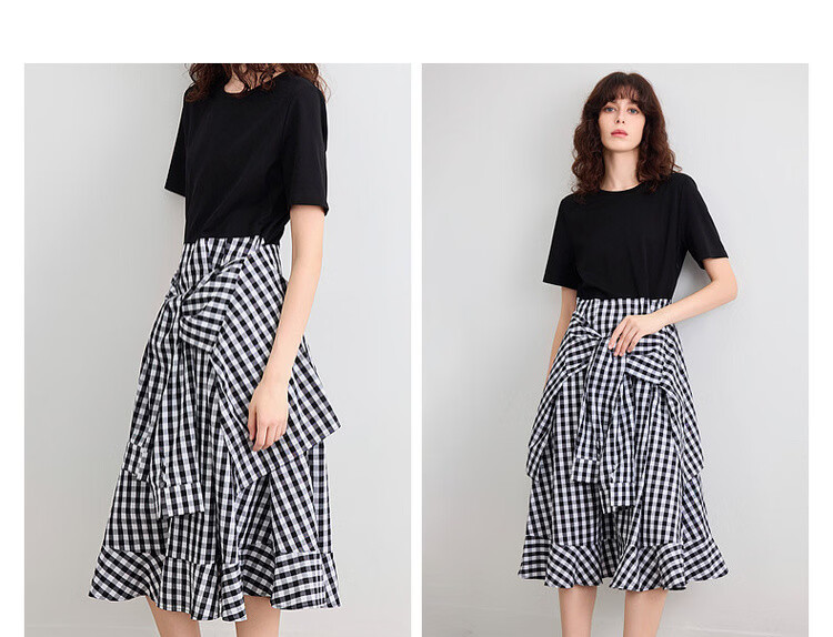 Demana Faux Two-Piece Style Summer Urban Casual Plaid Patchwork Round Neck Waist-Slimming Mid-Length Dress for Women 7