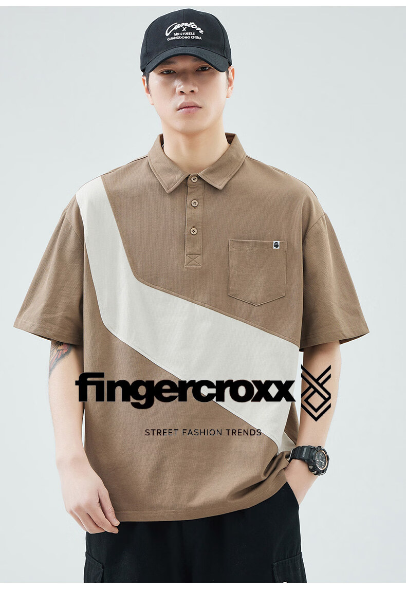 Fingercroxx American Style Patchwork Short Sleeve Polo Shirt Men Summer Loose Fit Casual Lapel Top Black M 5