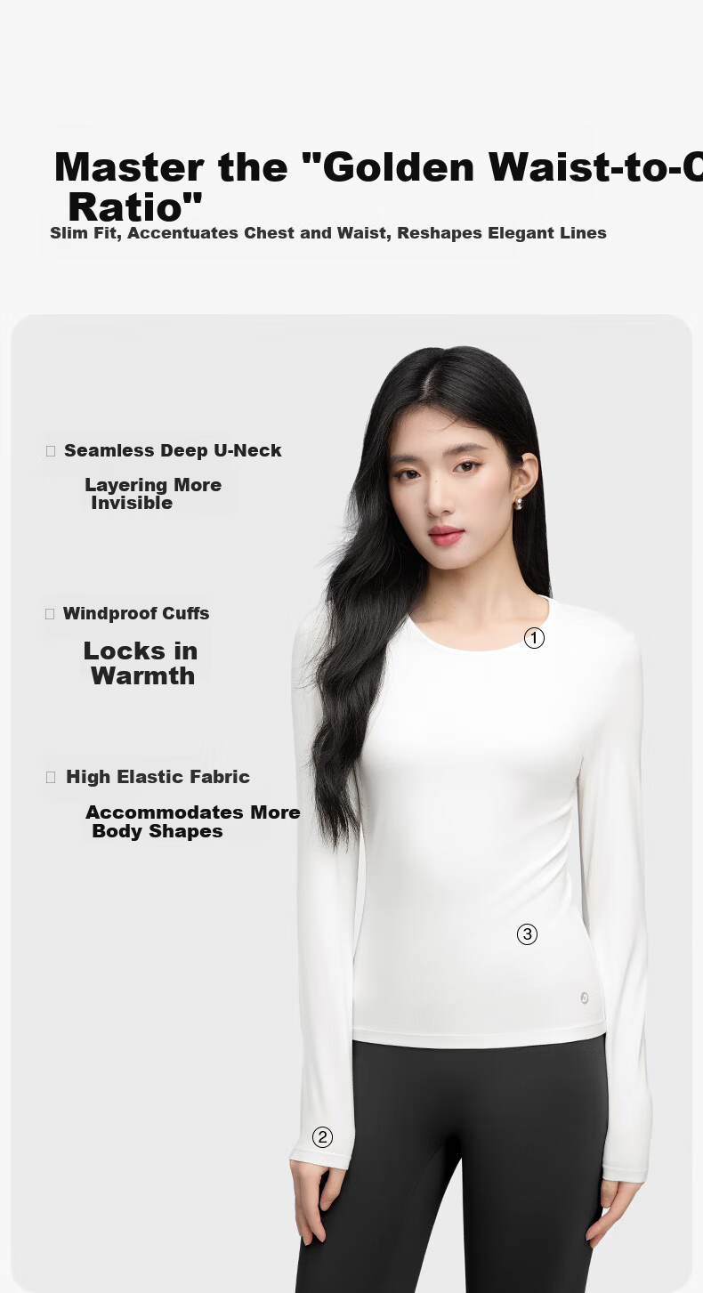 Onoko Slim Fit Base Layer Long Sleeve T-Shirt Women's Autumn New Round Neck White Thermal Innerwear 5