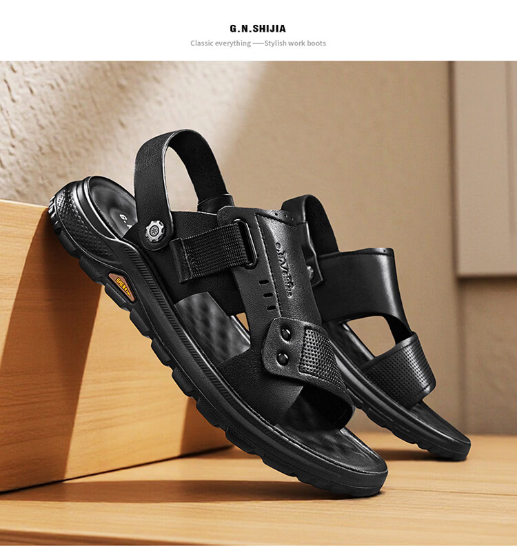 Bull Family Men's Leather Summer Sandals New Genuine Leather Thick Sole Beach Shoes Outdoor Dual-Wear Casual Slippers Middle-Aged and Elderly Dad Shoes 17