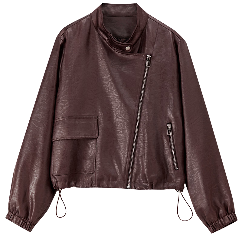 Sentubila Women's Casual Asymmetric Zip-Up Stand Collar Jacket Autumn Loose Slim Leather Texture Cardigan Drawstring Top