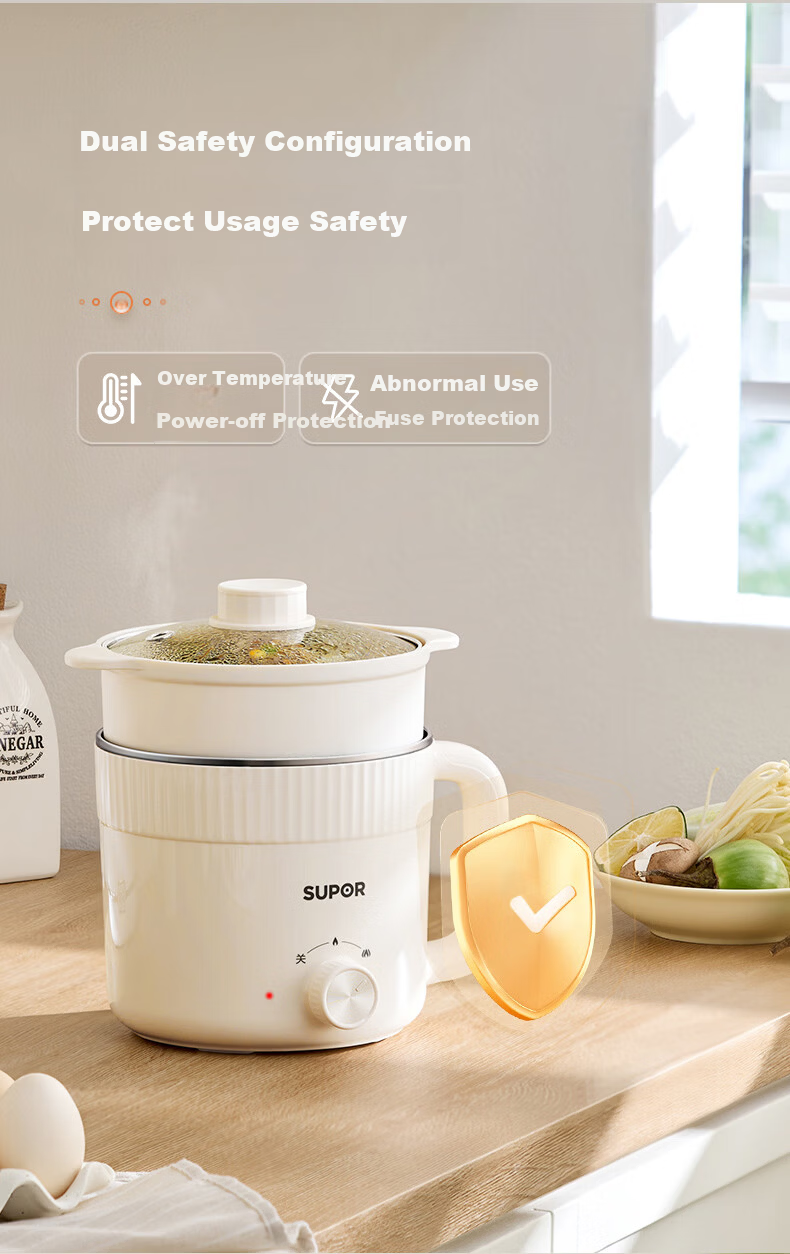 SUPOR Stainless Steel Electric Cooking Pot 0-Coating Small Electric Steamer Multi-Functional Household Dormitory Instant Noodle Mini Hot Pot with Steaming Rack Small Stewing Pot Integrated Steaming an 14