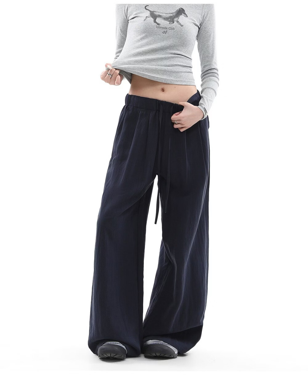 ICH MODE Women's Draped Linen Casual Pants New Loose Straight Wide-Leg Trousers Sports Pants Four Seasons Navy Blue S 14