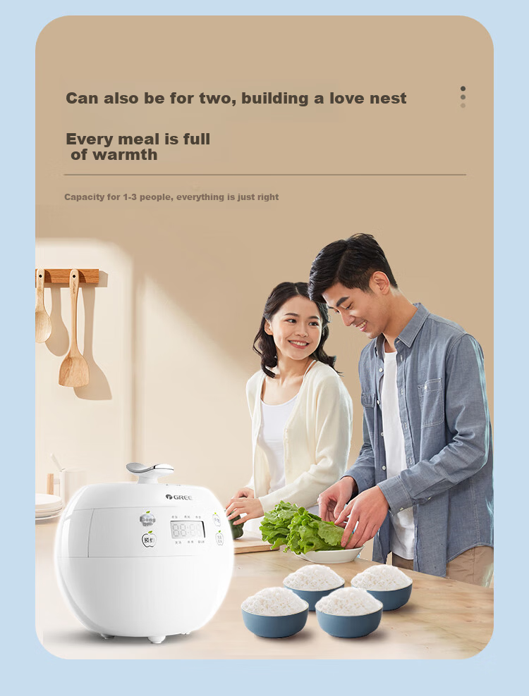GREE Mini Rice Cooker 2-3 People 2L 316L Stainless Steel Inner Pot Non-Coated Smart Multifunctional Rice Cooker Soup Baby Porridge Single Use 2007C 2