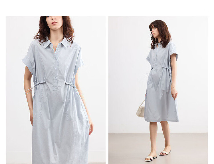 Demana [Cloud Cotton Whisper] Summer Simple Style Lapel Half-Placket Drawstring Waist Loose Casual Mid-Length Dress for Women 7