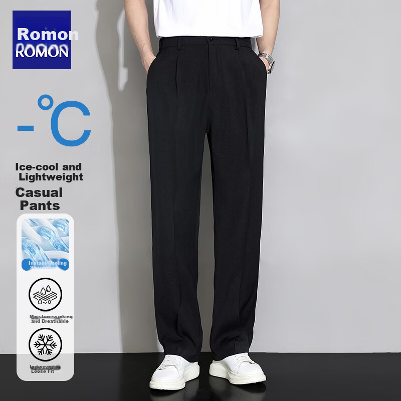 ROMON Men's Casual Straight-Leg Lightweight Breathable Versatile Commuter Loose Fit Trousers Dark Gray L
