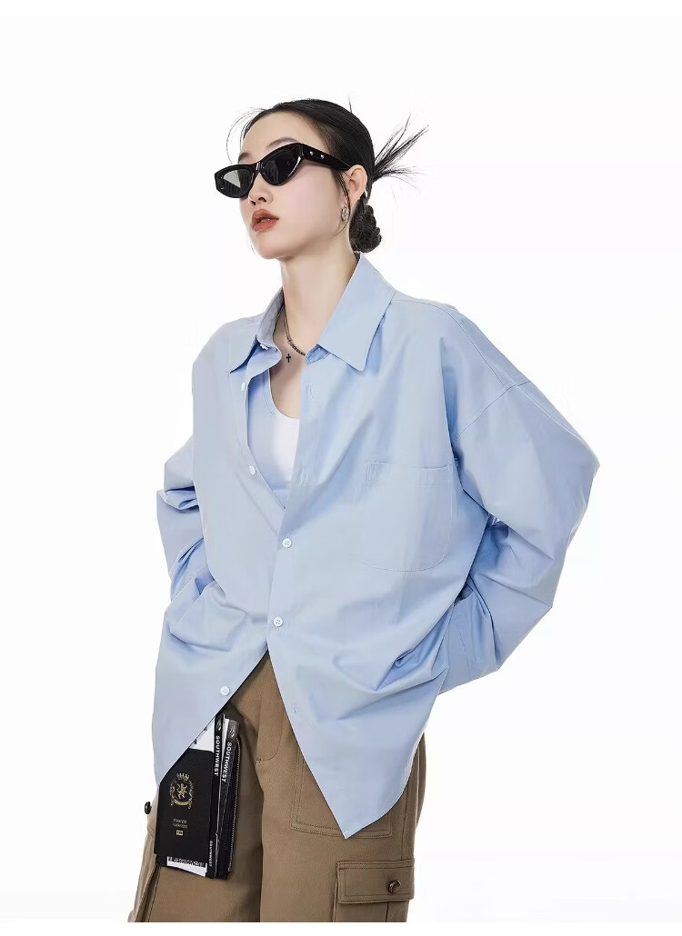 ICH MODE Blue Long Sleeve Women's Shirt Summer Loose Casual Blouse Versatile Trendy Top Jacket Blue S 24