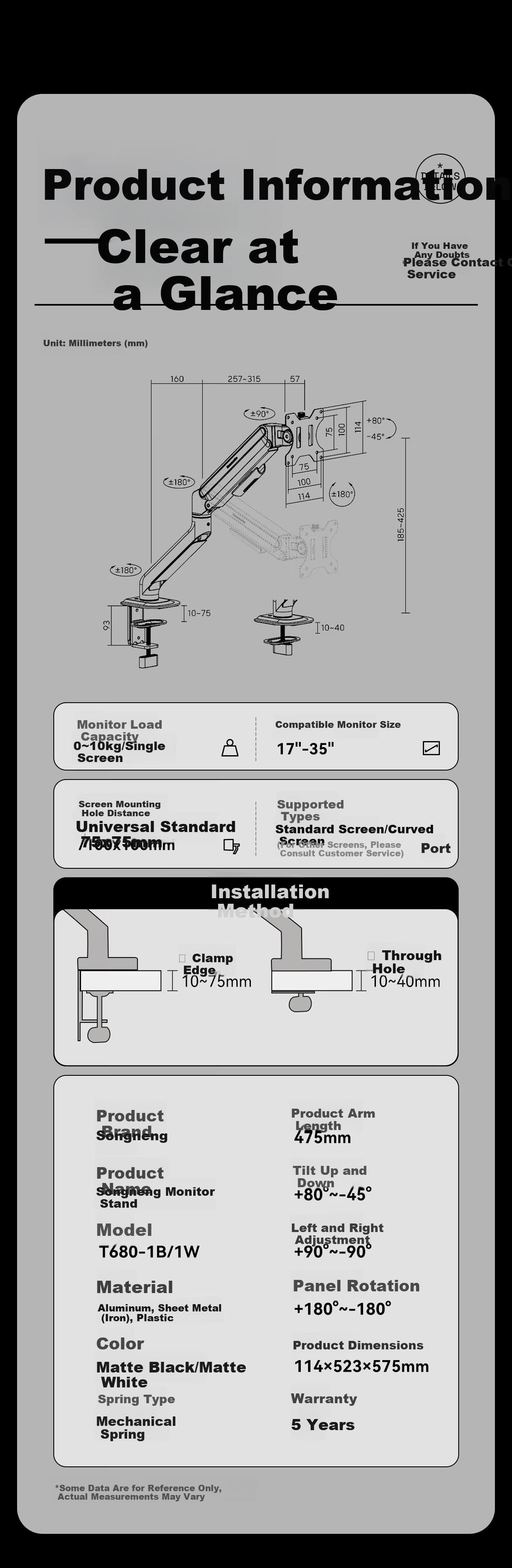 Songneng Monitor Arm Mechanical Arm Singularity Bracket Computer Stand Desktop Clamp Base Screen Height Adjustable 10KG Load Capacity Compatible with Zhuowei T680-1W 11