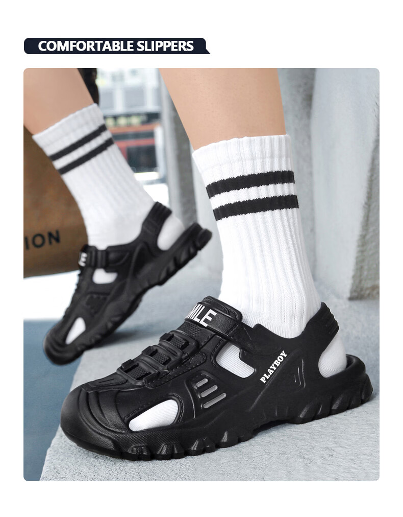 PLAYBOY Men's Summer 2026 Breathable Closed-Toe Sandals Thick-Soled Beach Shoes Black Gray Size 44/45 7