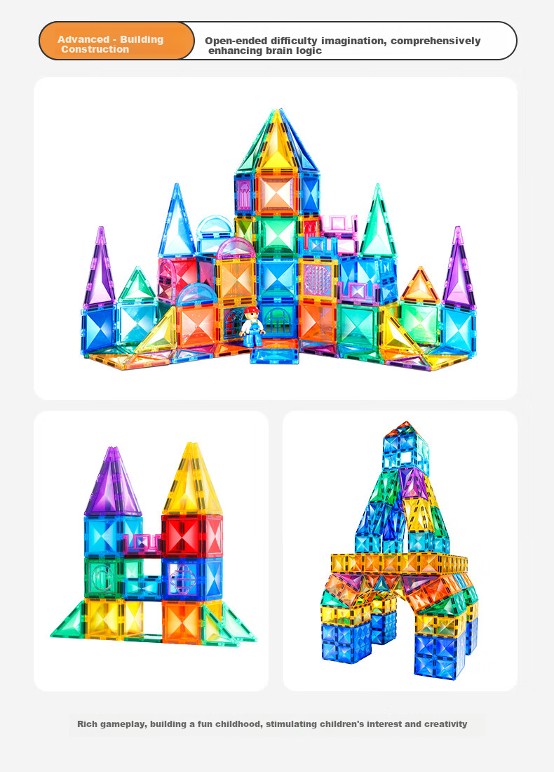 MAGPLAYER Children's Toy Colorful Window Magnetic Tiles, Magnetic Building Blocks for Boys Aged 3-6, Birthday Gift, 100 Pieces with 2 Small Cars 14
