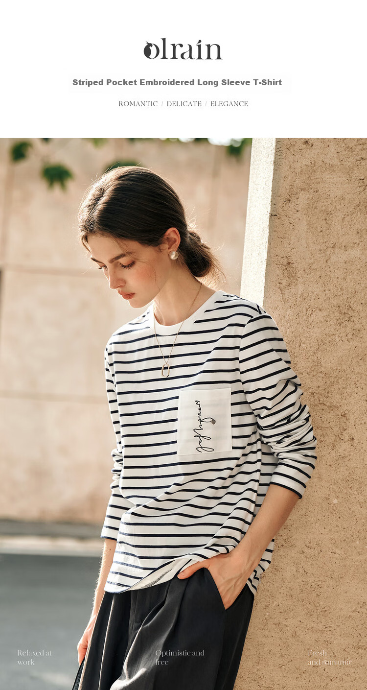 Olrain Eurier Women's Striped Long Sleeve T-Shirt Spring Design Pocket Embroidery Top Striped (Upgraded) XL 1