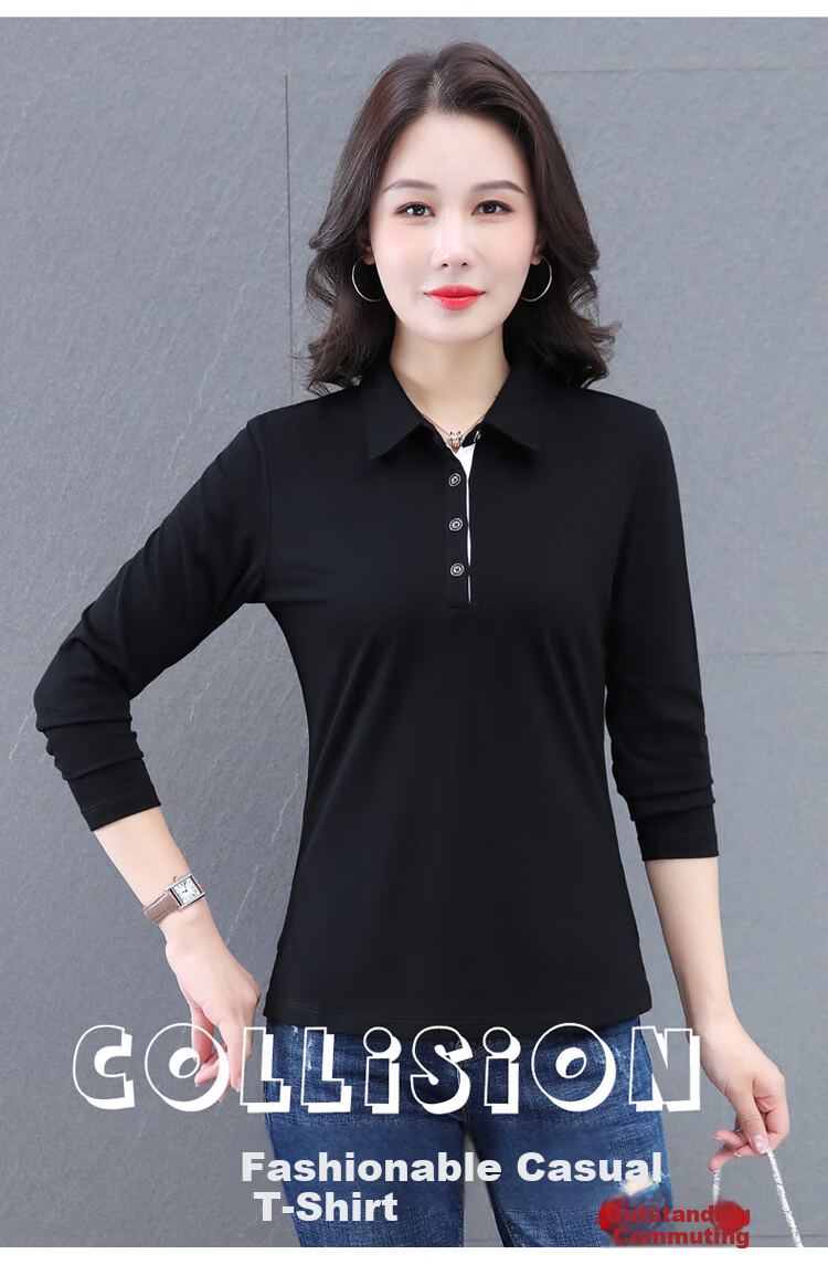 Woodpecker Women's Long Sleeve Cotton Polo Shirt, Spring Autumn New, Middle-aged Plus Size Casual Top, Gray, L 1