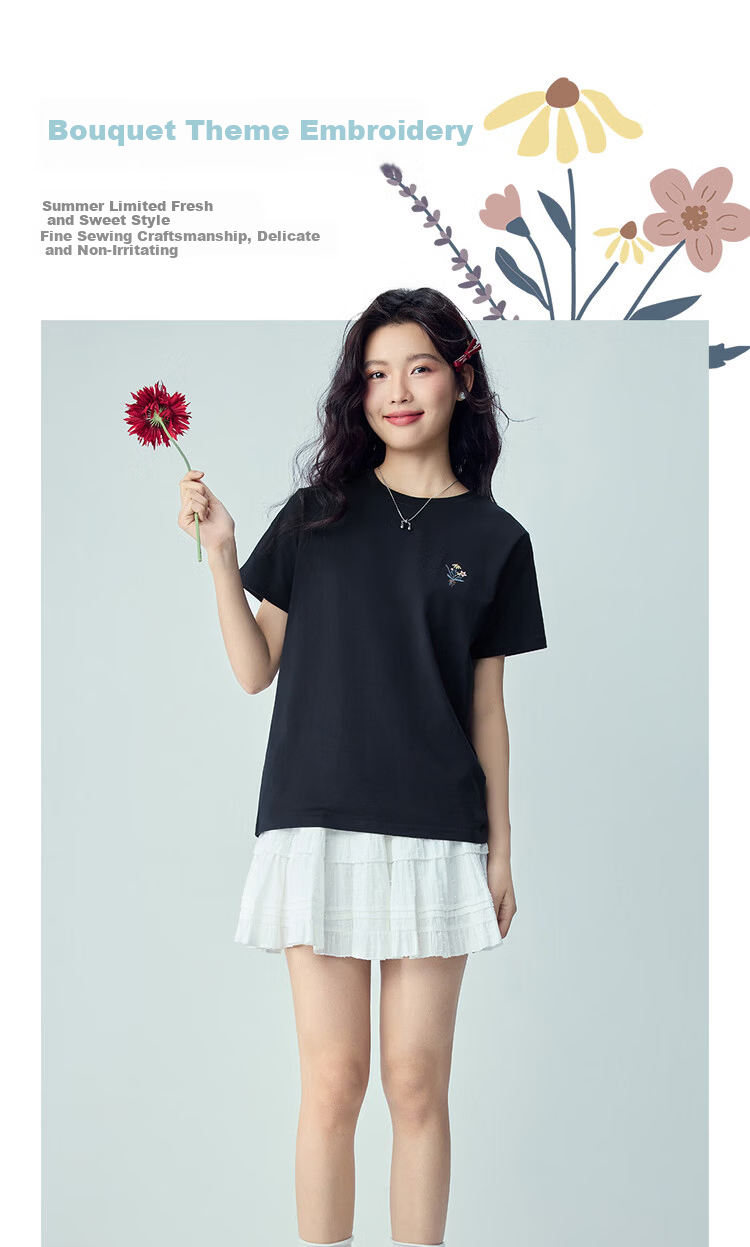 Giordano Women's Short Sleeve T-Shirt 2026 Summer Pure Cotton Bouquet Embroidery Forest Style Crew Neck Casual Top 13326320 5