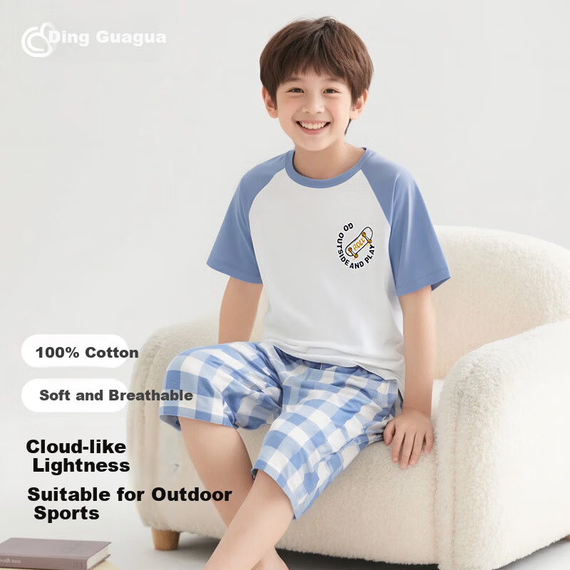 Dingguagua Dingguagua Boys' Summer Pajama Set Pure Cotton Breathable Class A Youth Plus Size Children's Homewear Blue 140