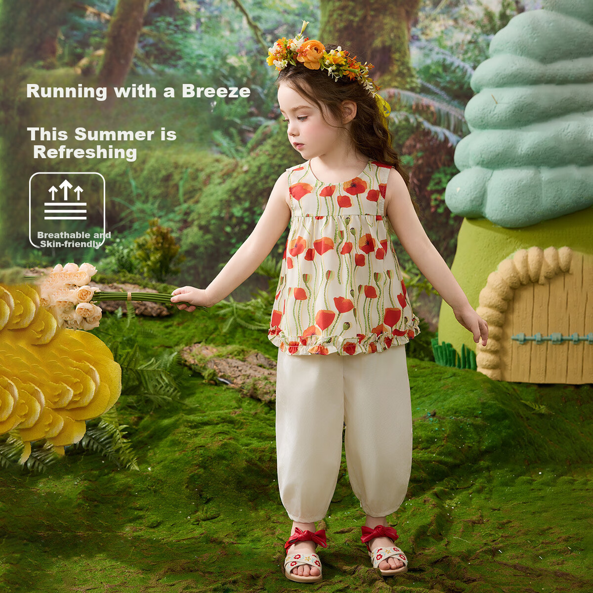 ASK JUNIOR [Pastoral French Style] Children's Set Toddler Floral Sleeveless Vest Top Lantern Pants Mosquito-Repellent Girls Two-Piece Set 5