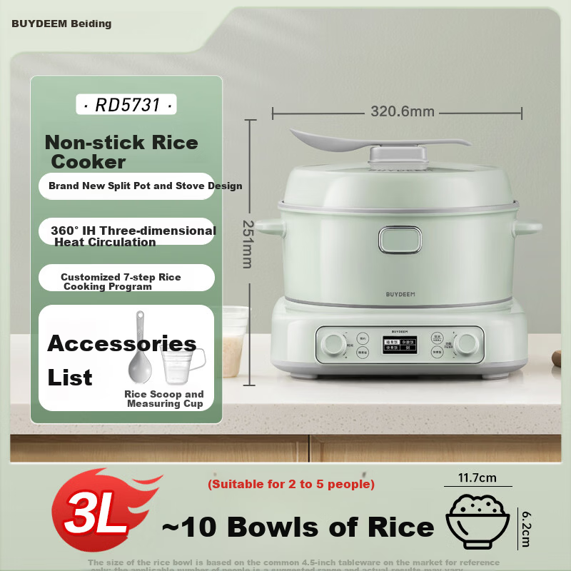 Buydeem IH Rice Cooker Split Type Multi-Functional Large Capacity 3L Rice and Porridge Cooker with 24-Hour Reservation for 2-5 People RD5731 Light Green