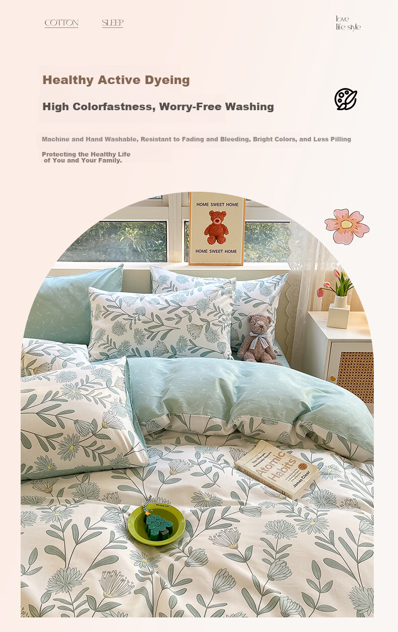 Hongdou 100% Cotton Quilt Cover Single Student Dormitory Cotton Quilt Case Single Full Cotton Quilt Core Cover 200*230cm Floral Cluster 9