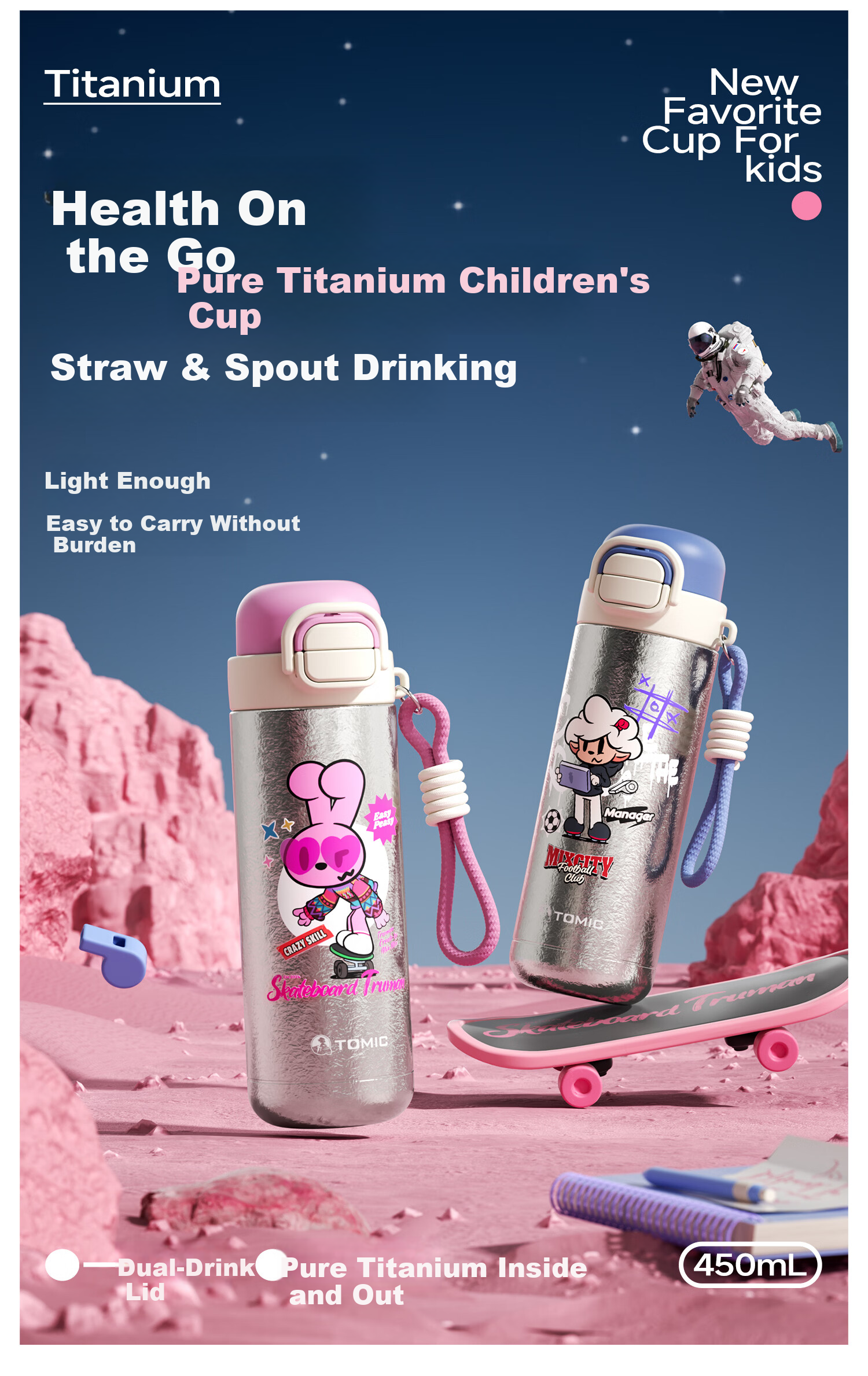 TOMIC Kids Insulated Double Drinking Water Bottle Student Essential School Straw Water Cup Birthday Gift for Boys and Girls 1