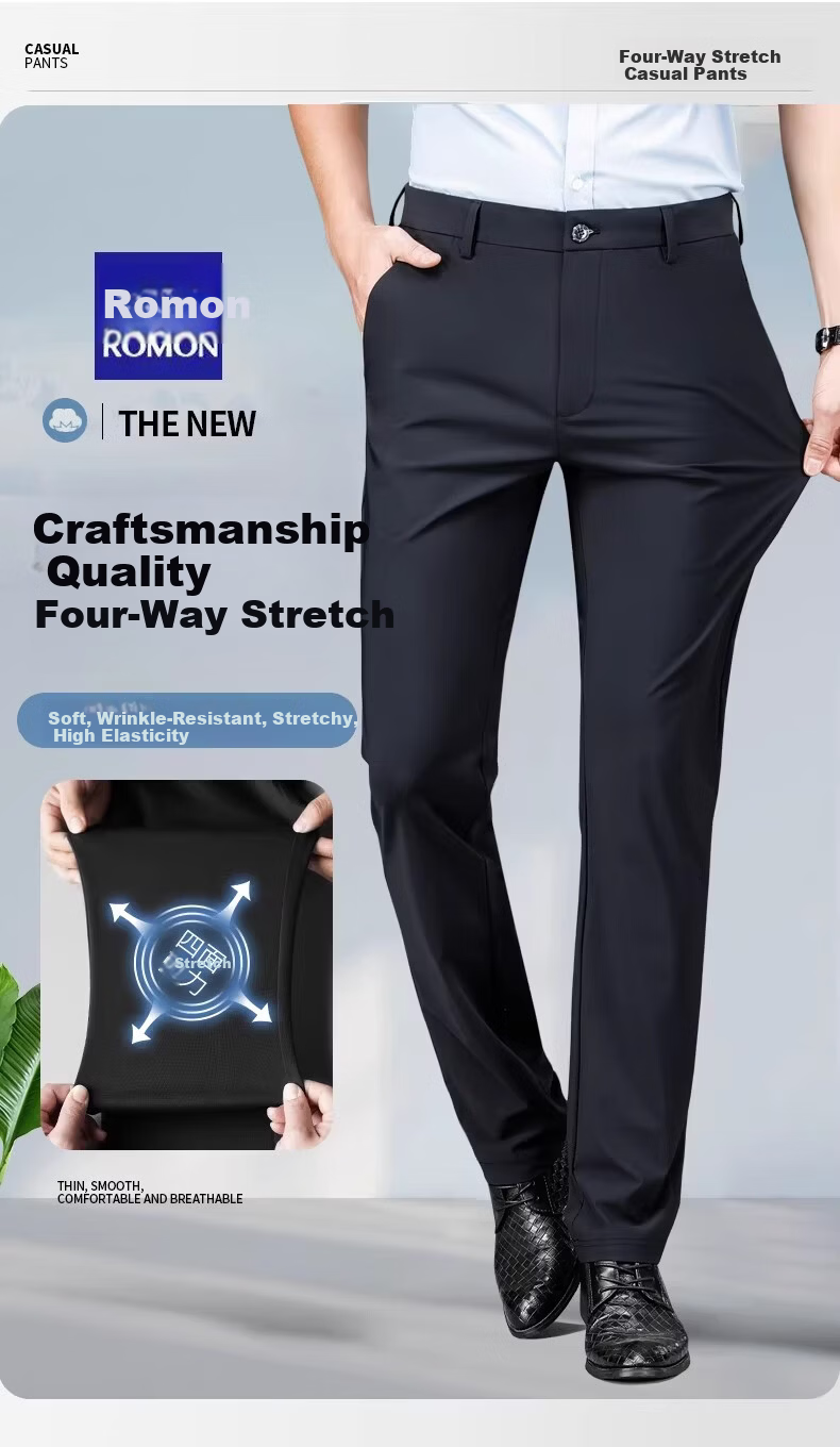 ROMON [Mulberry Silk] High-End Men's Casual Dress Pants, Summer Draping Commuter Business Suit Trousers, Navy Blue, Size 33 2