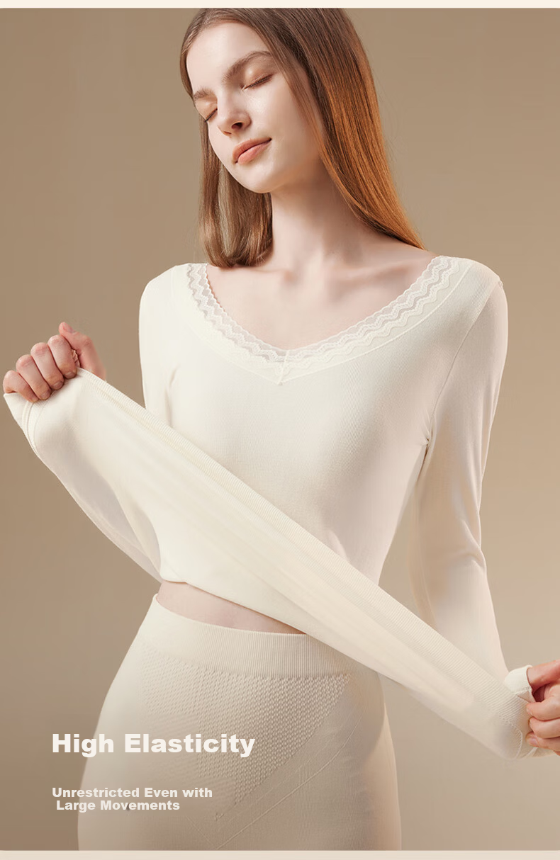 Miiow 2025 New V-Neck Lace Wool Lightweight Shaping Seamless Thermal Underwear Set for Women Slim Fit Autumn Top and Bottom 10