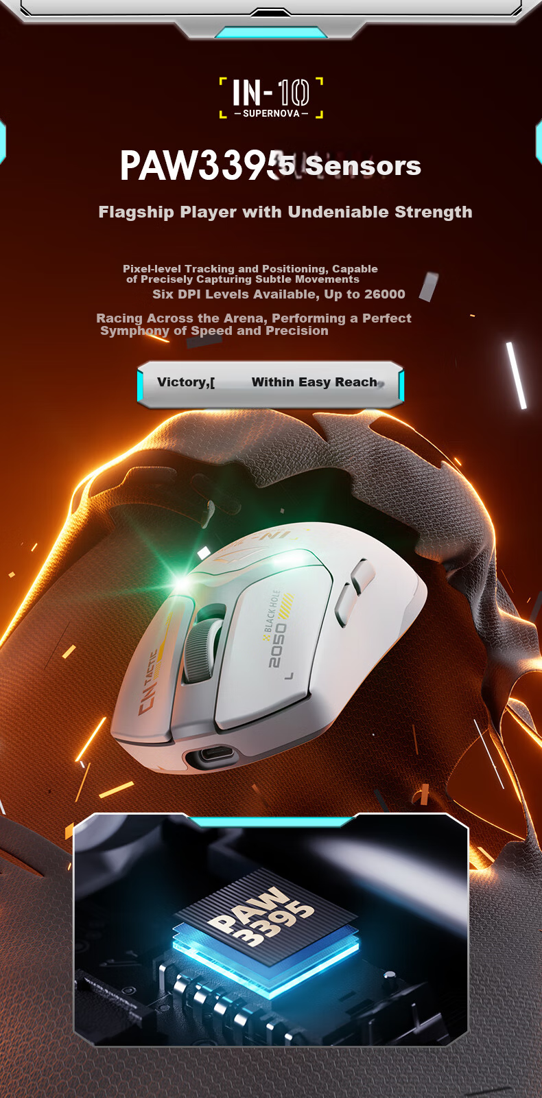 INPHIC IN10 Wireless Gaming Mouse, Wired Bluetooth Tri-Mode PAW3395, Lightweight for Small And Medium Hands, E-Sports, 26k DPI/8K Polling Rate, Huanuo Yi Csgo, Black 6