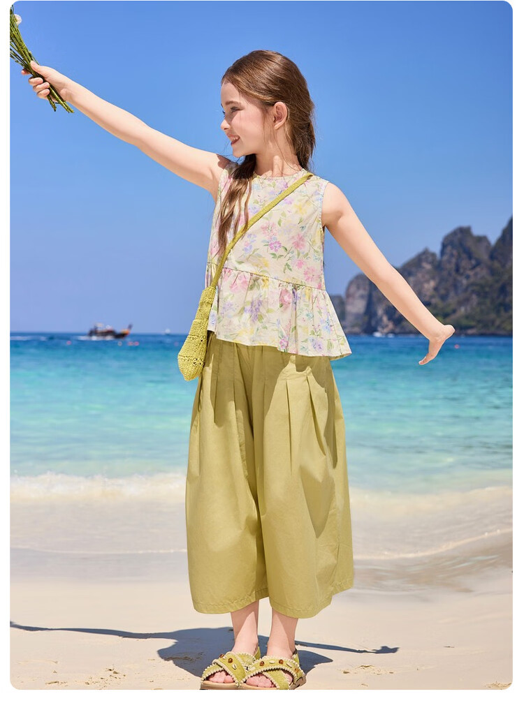 ASK JUNIOR 2026 Summer Kids Sleeveless Floral Top and Lantern Pants Set for Girls 15