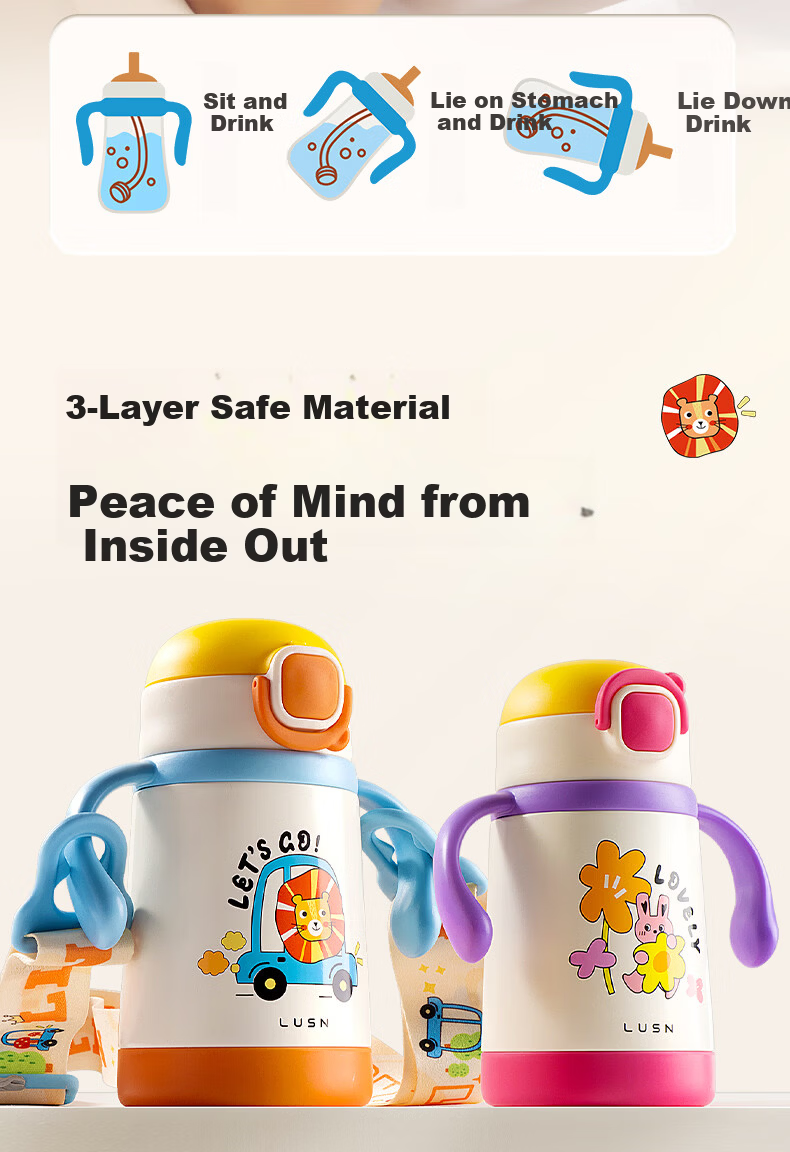 LUSN Kids Insulated Straw Cup Baby Sippy Cup Infant Drinking Cup Baby Bottle Kindergarten 316L Stainless Steel Water Bottle 8