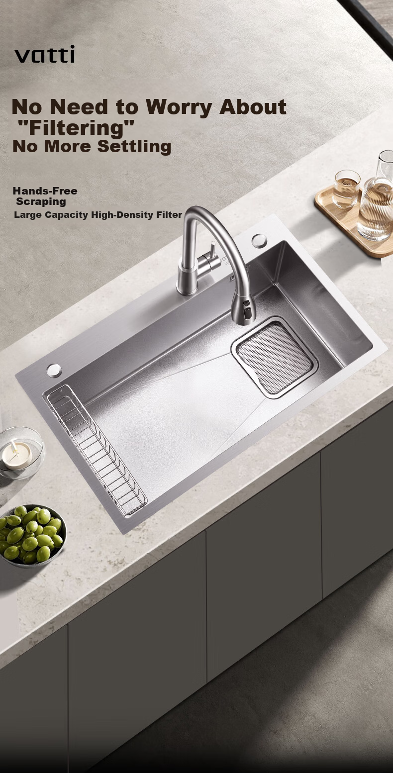 VATTI Kitchen Sink S3Pro Large Single Bowl Integrated Basin Dishwasher Sink Countertop Mid-Bottom Installation 304 Stainless Steel 1