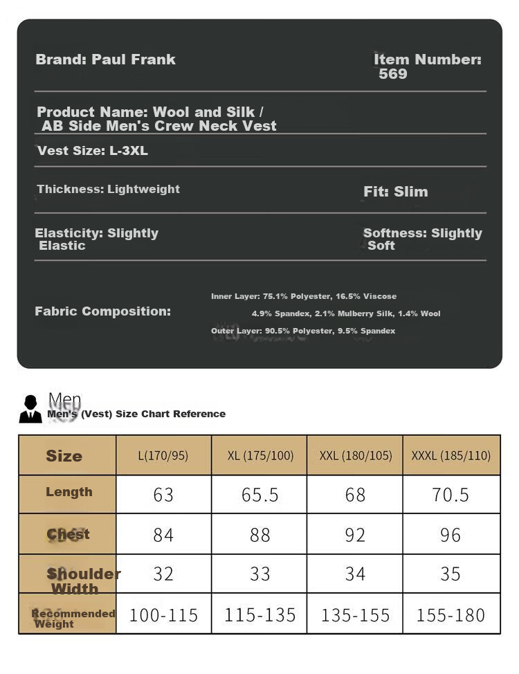 Paul Frank Men's Cashmere Silk Thermal Vest Seamless Heat Retaining Base Layer Autumn Winter Warm Waistcoat Jacket 16
