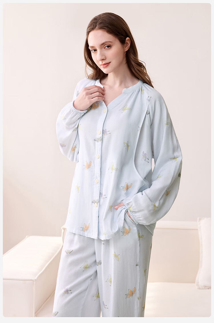 YEEHOO 26 New Maternity Postpartum Homewear 10A Antibacterial Bamboo Cotton Yarn Pajamas Full Pregnancy Air Conditioning Wear Blue M 21
