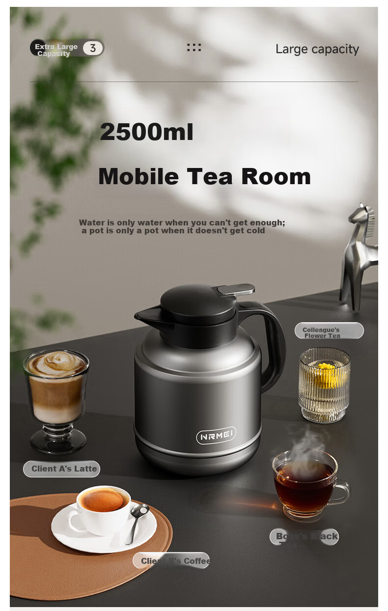 NRMEi Large Capacity Insulated Thermos Flask 72-Hour Heat Retention Stainless Steel 316 Tea Brewing Hot Water Pot 6