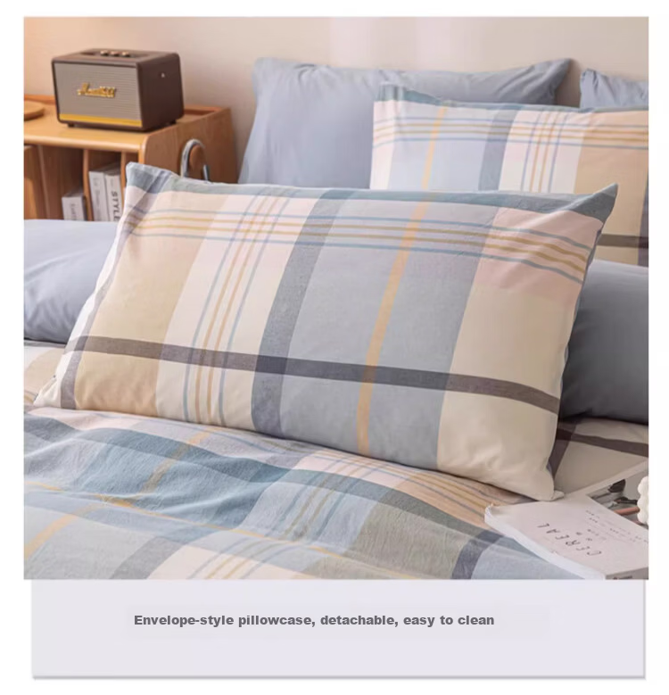 MUJI 100% Cotton Four-Piece Bedding Set Antibacterial AB Version Double-Sided Sheet and Duvet Cover 200x230cm 1.5/1.8m Bed British Blue Plaid 13