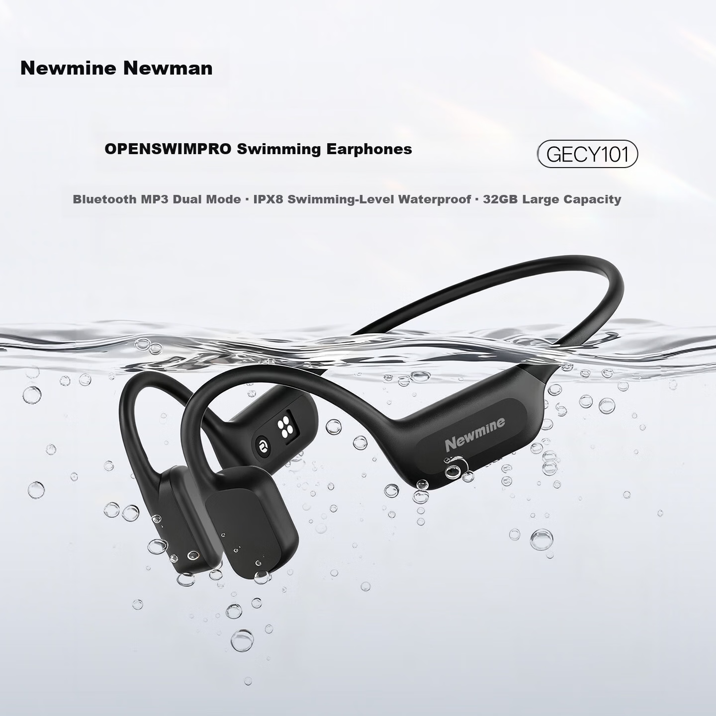 Newmine Bone Conduction Bluetooth Earphones Ear-Hook Wireless Headphones Swimming Running Gaming Non-In-Ear Sports Earphones IPX8 Waterproof with 32GB Memory Compatible with Apple Huawei Phones