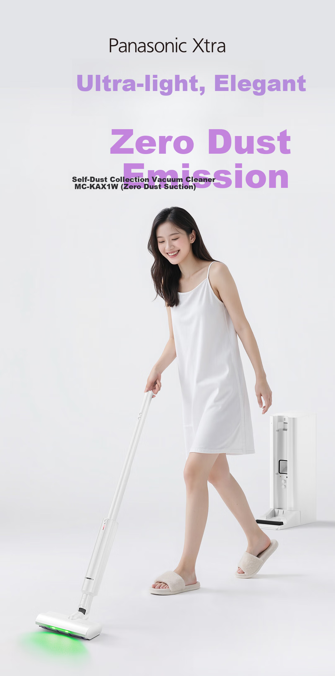 Panasonic Xtra Zero Zero Cordless Vacuum Cleaner Automatic Dust Collection Home Powerful Handheld Green Light Dust Detection Pet Hair Removal MC-KAX1W [60 Days No Trash Emptying] 2