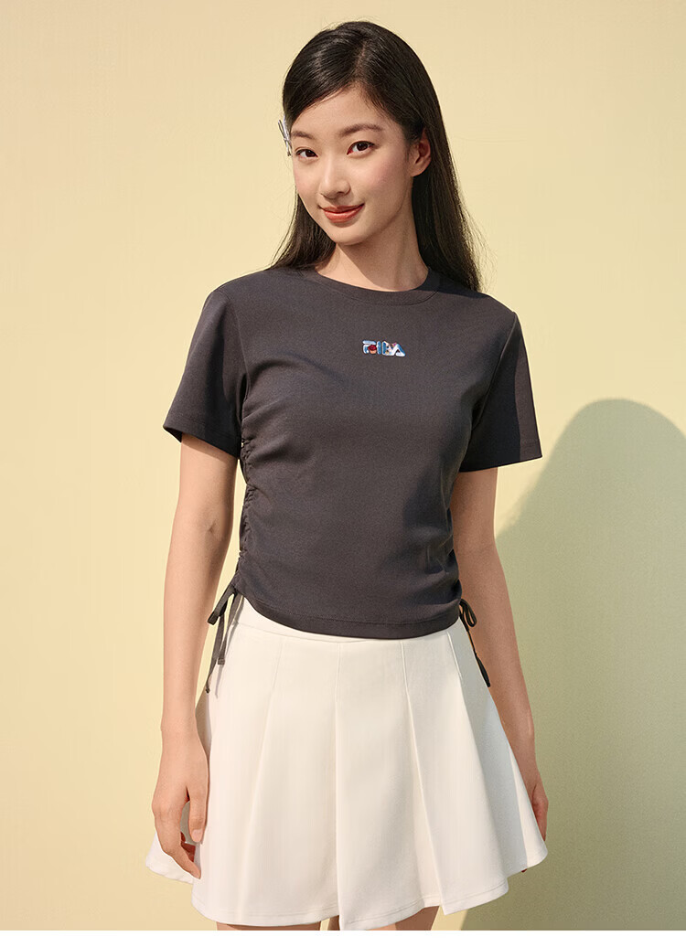 FILA Yang Mi Same Style Knitted Short Sleeve Shirt Women 2026 Summer Side Drawstring Fashion Casual Embroidered Logo Slim T-Shirt 15