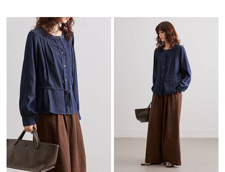 Demana [100 Lyocell] Spring French Style Round Neck Ruffle Drawstring Denim Shirt for Women Premium 6
