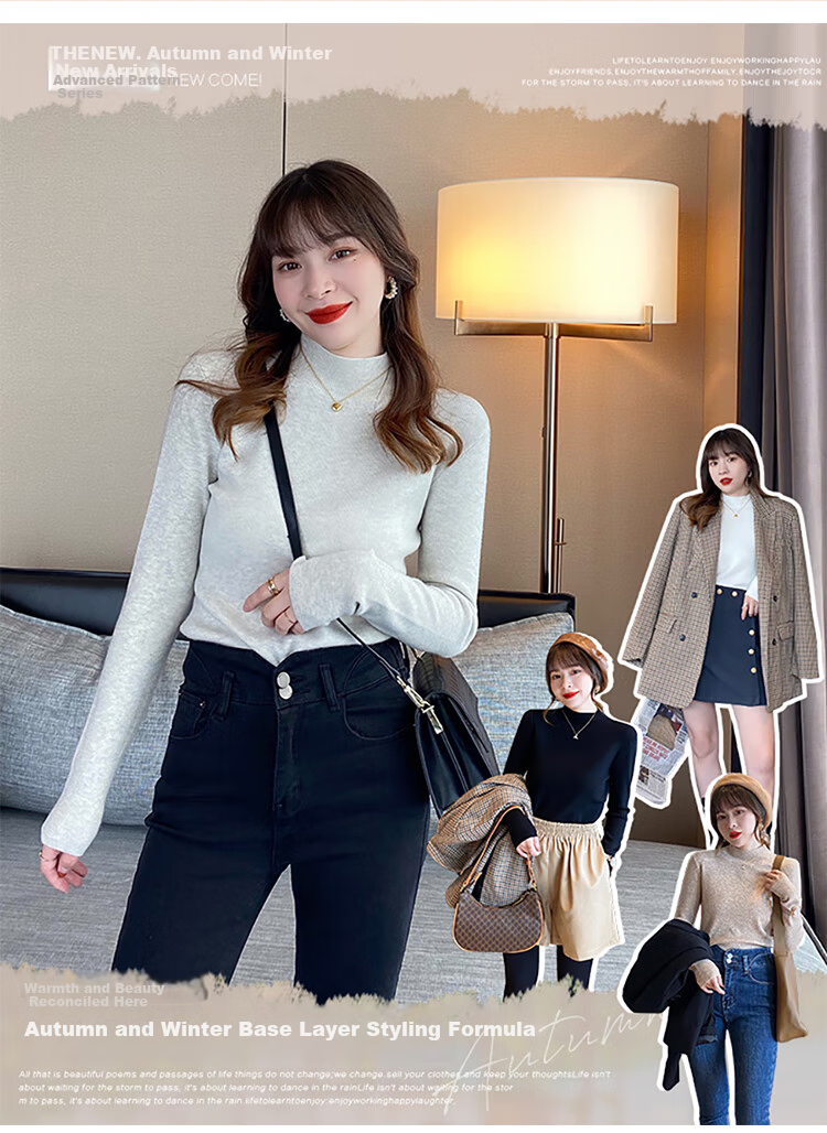 MiiOW Women's Knitted Long Sleeve Semi-Turtleneck Base Layer Sweater Autumn Winter 2025 New High-End Mid-Neck Top 3