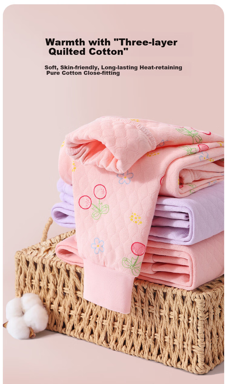 DEESHA Three-Layer Quilted School Uniform Essential 2-Pack Girls' Thermal Underwear Pants Thickened Autumn Trousers for Older Children 3