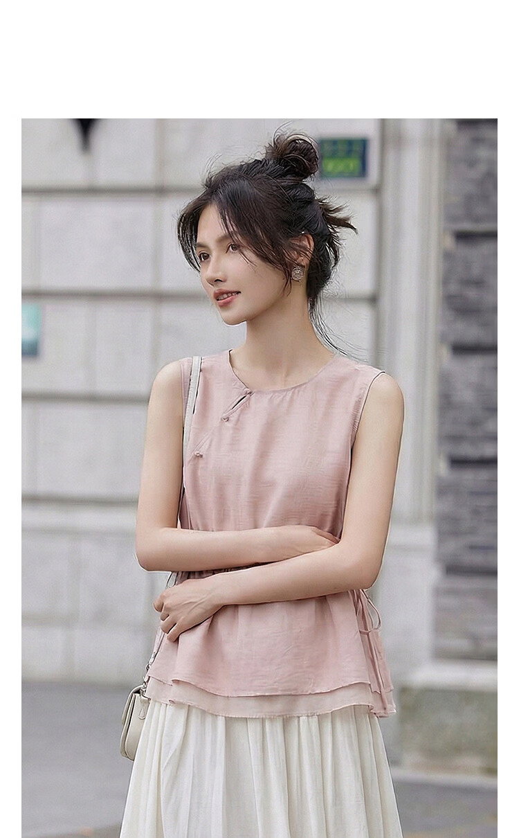 Demana [With Linen] Summer National Style New Chinese Round Neck Asymmetric Double-Layer Spliced A-Line Slimming Shirt for Women Premium Feel 14