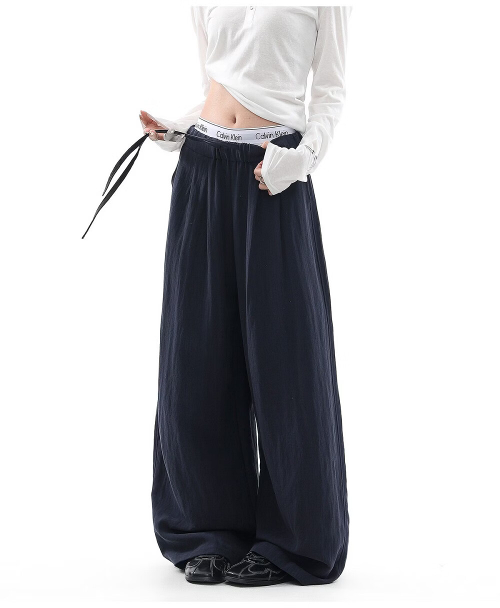ICH MODE Women's Draped Linen Casual Pants New Loose Straight Wide-Leg Trousers Sports Pants Four Seasons Navy Blue S 10