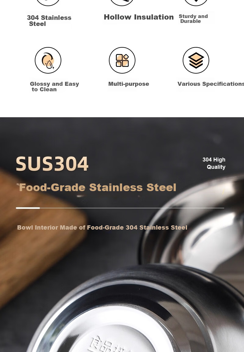 Shanyu Fu 304 Stainless Steel Bowl 12cm Double-Layer Thickened Insulated Soup and Rice Bowl Durable and Drop-Resistant Student Bowl 3