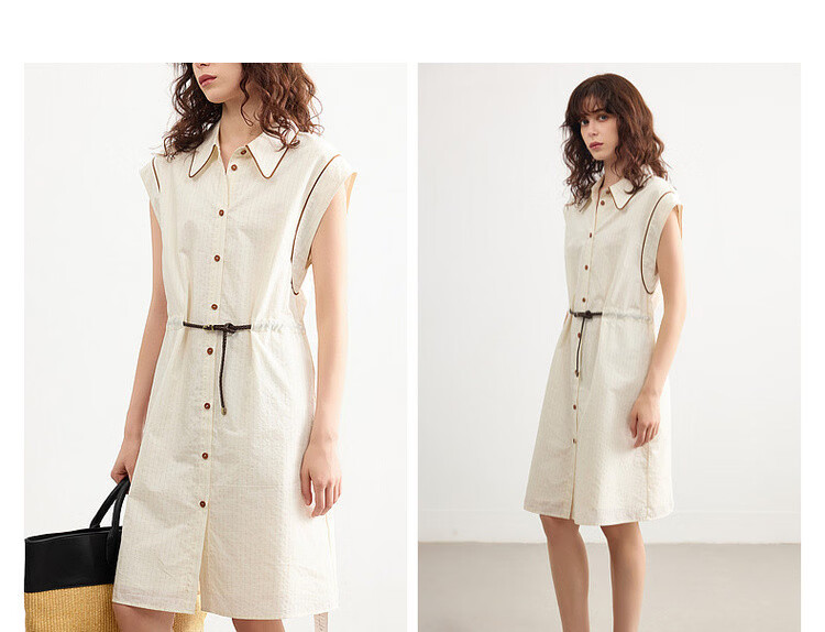 Demana [Comfort Oxygen Cotton Series] Summer Commuter Striped Color-Block Trim Polo Collar PU Belt Mid-Length Dress for Women 7