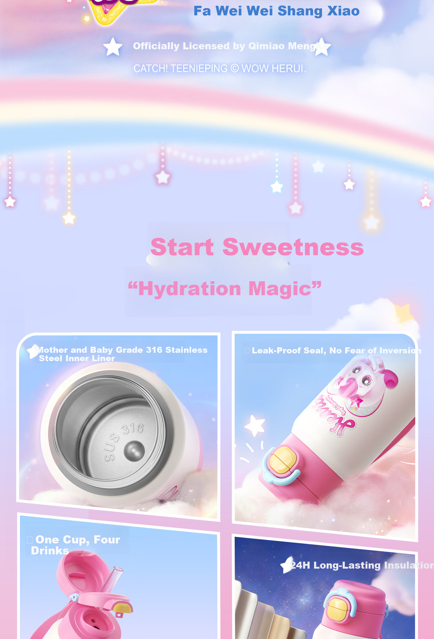 HAERS Cute Kids Insulated Straw Water Bottle Portable School Cup for Girls Pink 600ml 2