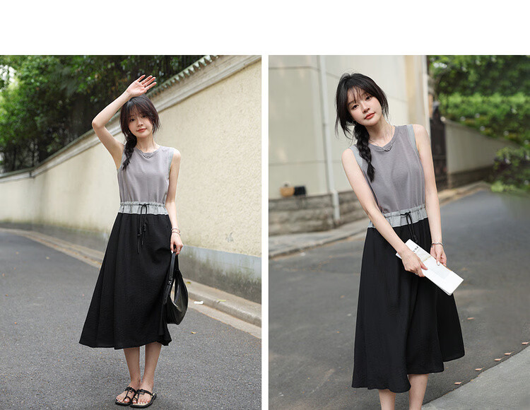 MT Relax Trio Summer Urban Colorblock Drawstring Crew Neck Sleeveless T-Shirt Style Long Dress for Women 16
