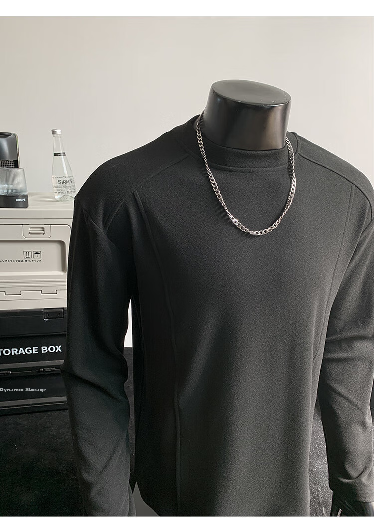CLOR Patchwork Double-Sided Velvet Long Sleeve T-Shirt Men Spring Autumn Warm Pullover Crew Neck Base Layer CXT06 Black L 12