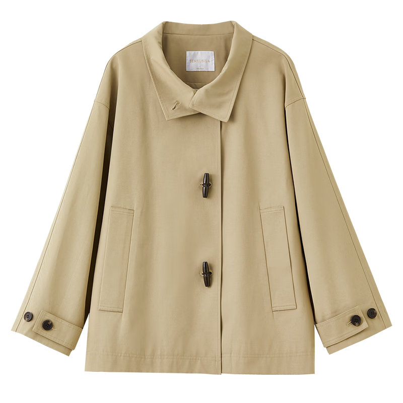 Sentubila British Style Cotton Blend Toggle Coat for Women Autumn Loose Slim Color Block Drop Shoulder Mid-Length Outerwear