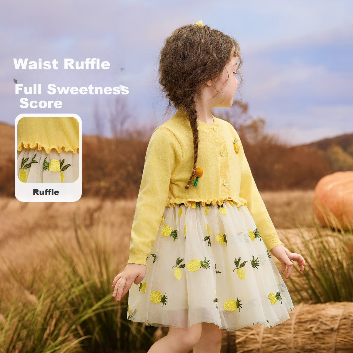 ASK JUNIOR Kids Autumn Patchwork Mesh Knit Dress Girls Ruffle Princess Dress