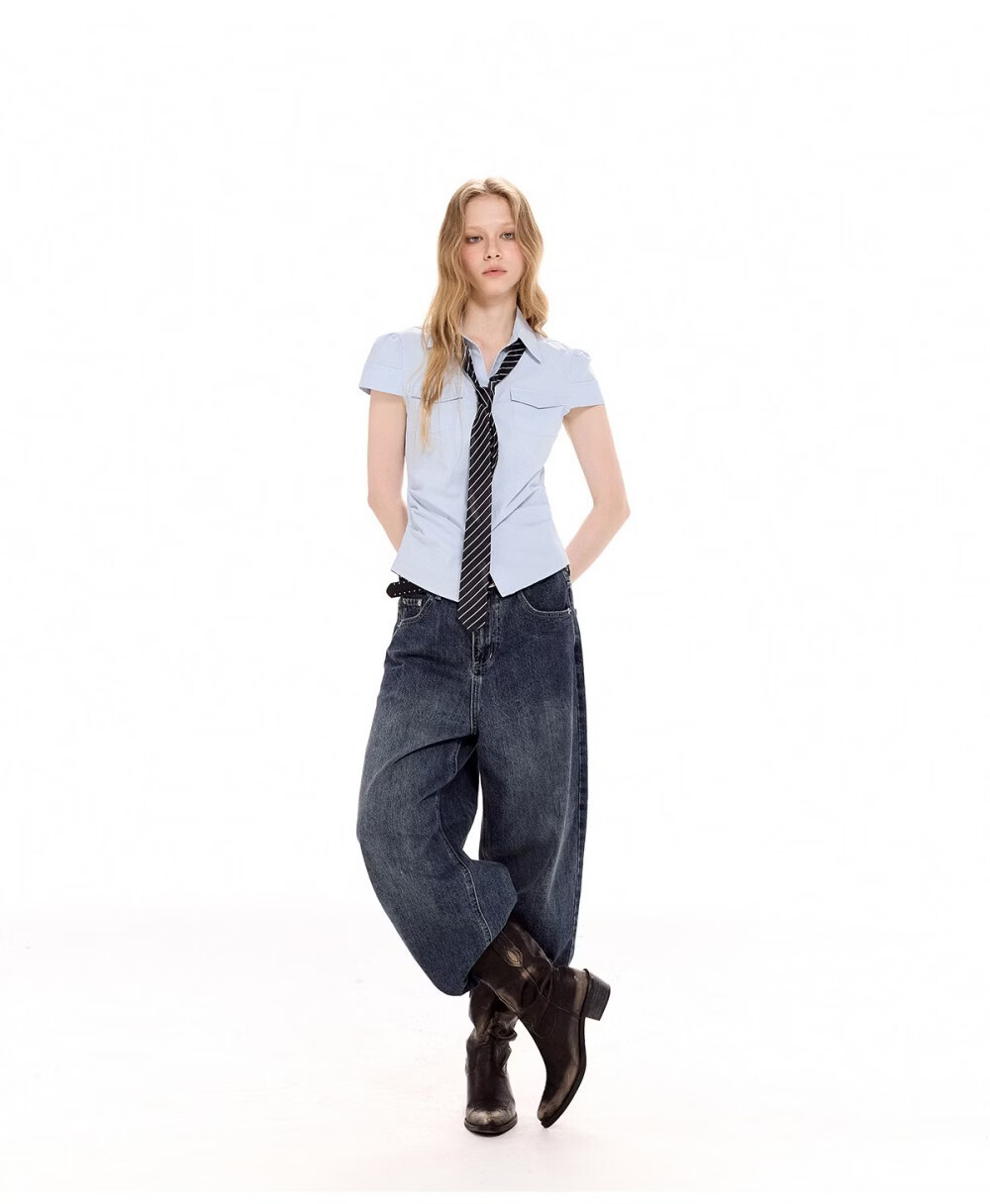 ICH MODE Pleated Waist-Tie Short Sleeve Shirt Women Summer New Slim Fit Pocket Blouse Waist-Cinching Shirt Jacket Blue S 9