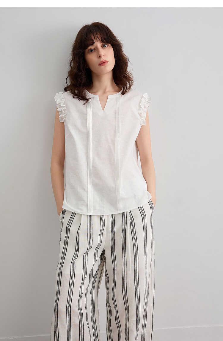 Demana [With Linen Cotton] Summer Elegant Commuter V-Neck Ruffled Loose Blouse for Women 15